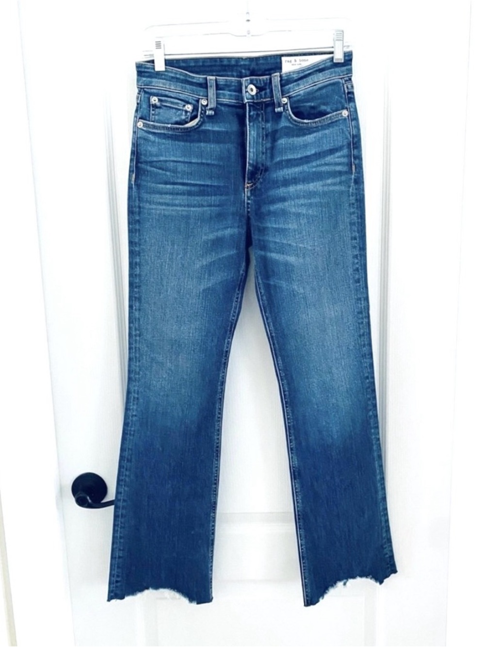 Rag & Bone Nina High Rise Flare Jeans 24 Raw Hem Ankle Blue Denim